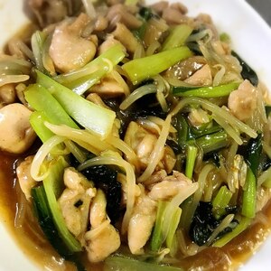 もやしと鶏肉小松菜のピリ辛炒め